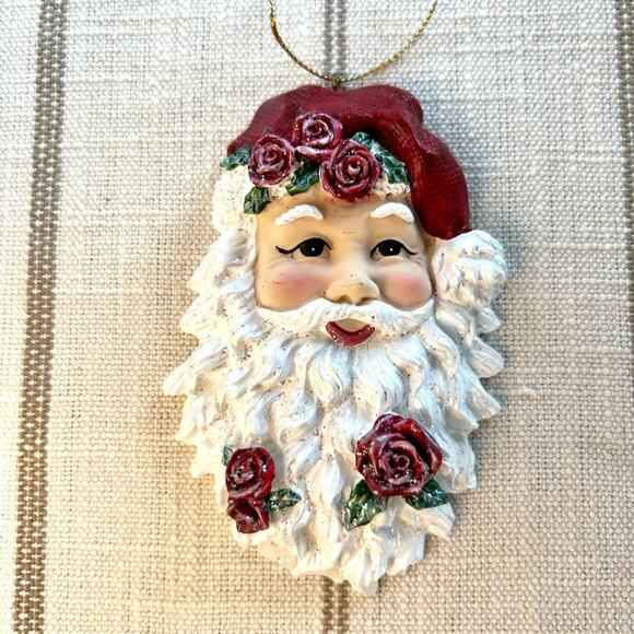 Vintage Santa Ornament with Roses in Beard, Shabby Chic Christmas Decor - Picture 9 of 12